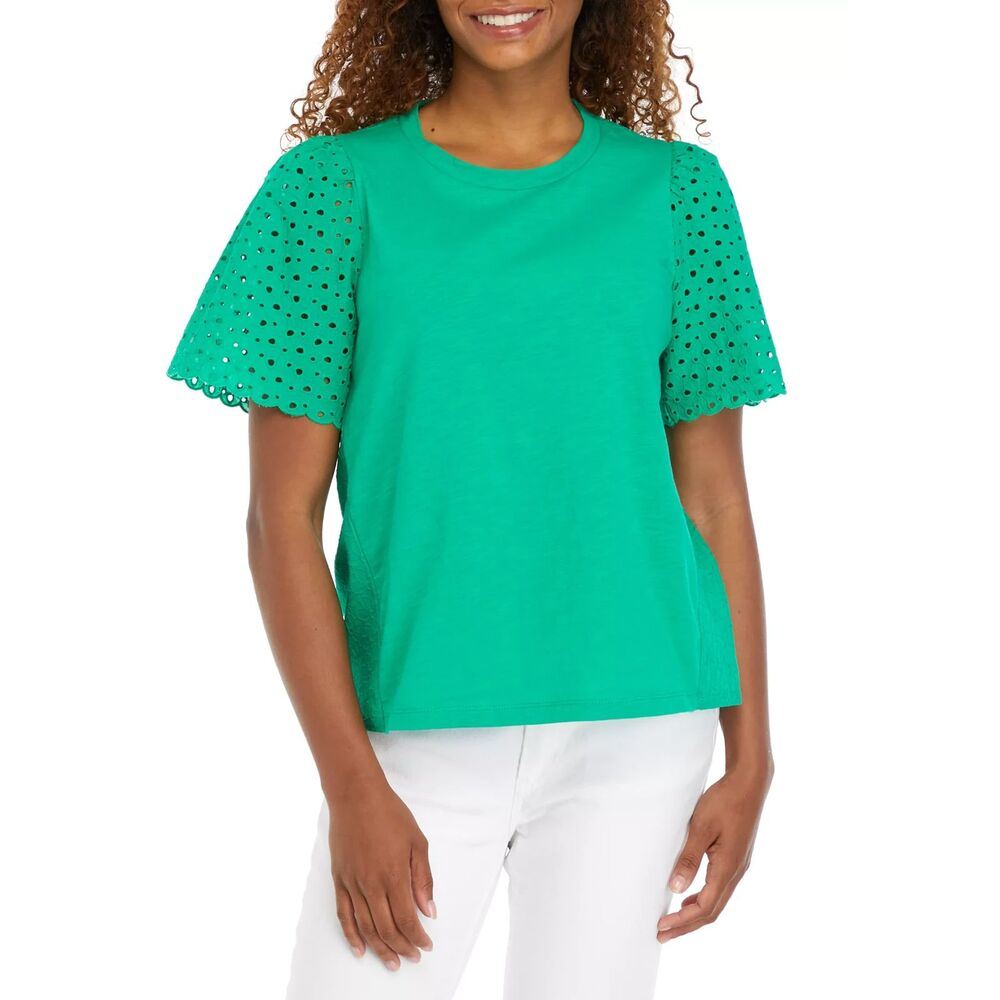 Women's Crown & Ivy Green Eyelet Puff Sleeve Knit Top EUC | Sz L - Picture 6 of 6